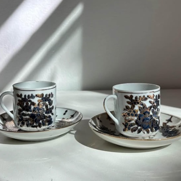 Antique NavyGold Espresso Cups & Saucer Plates